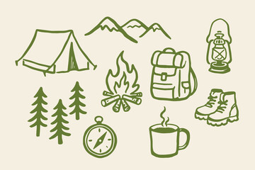 Camping elements set outline sketch vector illustration © Victoria