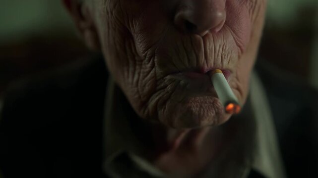 Smoking sequence: elderly person inhaling, holding, and exhaling smoke