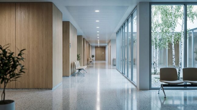 Modern hospital corridor with wooden walls and glass windows overlooking trees. Empty clinic waiting area with chairs. Interior design of medical facility or business office architecture.