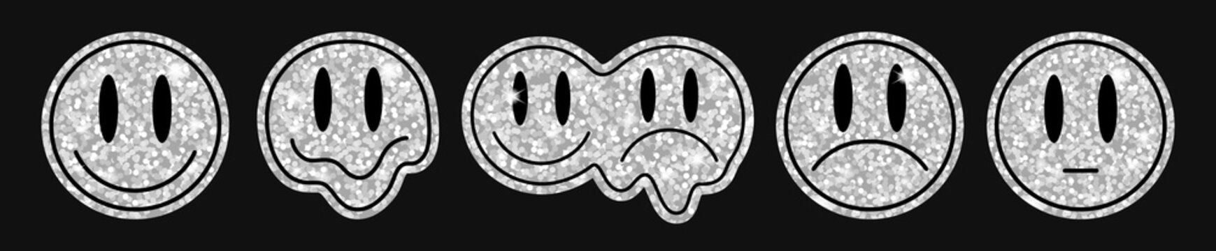 Y2K glitter sticker set with silver smiley faces on black background, including happy, melting, split, sad and neutral moods. Glossy chrome patches with sparkly sequins textures and cyber retro vibes.