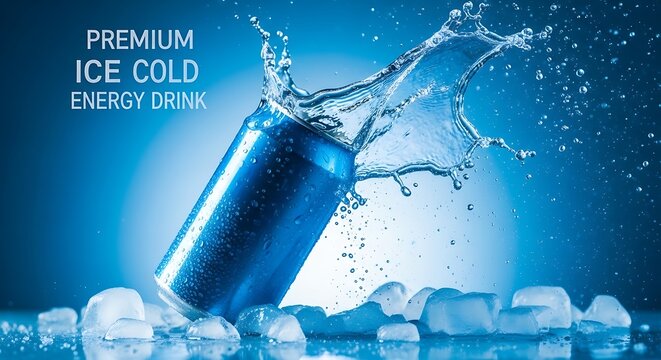 Blue energy drink can with water splash and ice cubes on blue background