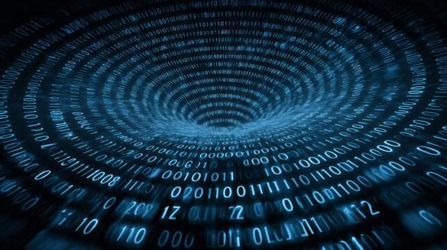 Glowing binary code streams into a receding digital tunnel effect