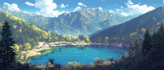 Obraz premium Serene Lake Surrounded by Lush Green Mountains