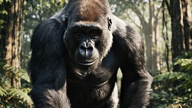 A powerful silverback gorilla walking majestically in a lush green jungle, looking directly forward with an intense gaze.