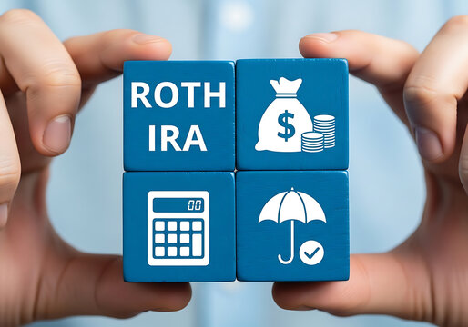 Hands holding Roth IRA cubes with financial icons for savings and investment planning
