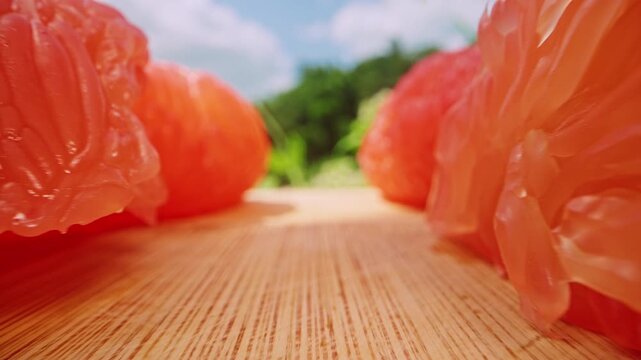 Low Angle Dolly Slider Close Up Moving Along Peeled Red Pomelo Segments Revealing Detailed Juicy Structure on Wooden Board with Lush Tropical Background, Healthy Eating