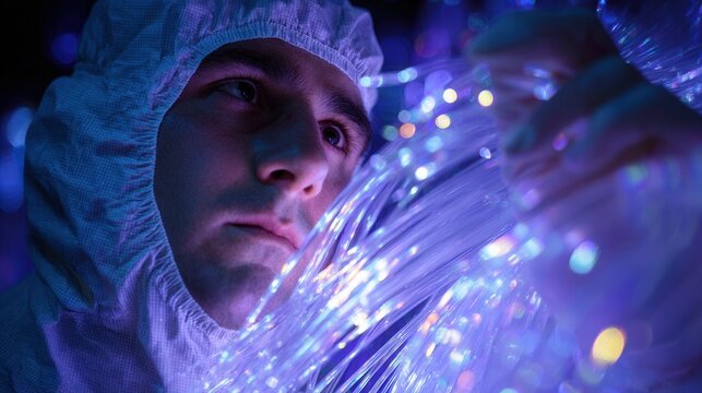 Technician troubleshooting fiber optic link, hands holding illuminated strands with diagnostic focus nighttime service call mood, portable tools, rapid repair and signal restoration under atmospheric