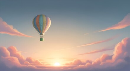 Obraz premium Colorful hot air balloon floating in the sky at sunset amidst clouds