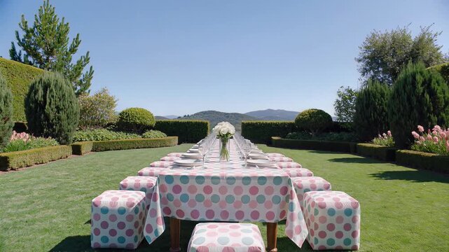 A long table set for dining is placed in a beautifully manicured garden on a sunny day with mountains in the distance.
