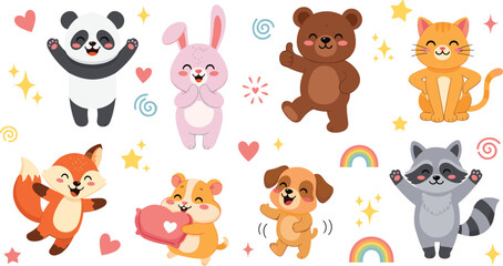 Cute cartoon animal characters set with panda bunny bear cat fox raccoon dog and hamster in playful colorful vector illustration style © sahajahan