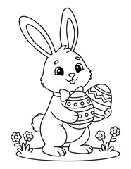 Fototapeta premium Easter coloring page shows a cute bunny holding two decorated eggs in a spring scene