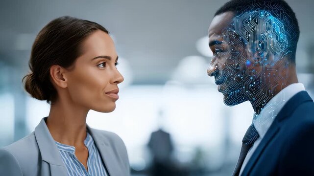 A professional woman smiles confidently at a futuristic male humanoid with a digital circuit face in a modern office. Human and artificial intelligence collaboration is depicted