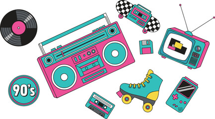 90s retro nostalgia vector set with boombox roller skate cassette tape and vintage gaming console in bright neon colors isolated on white © MDABULKALAM
