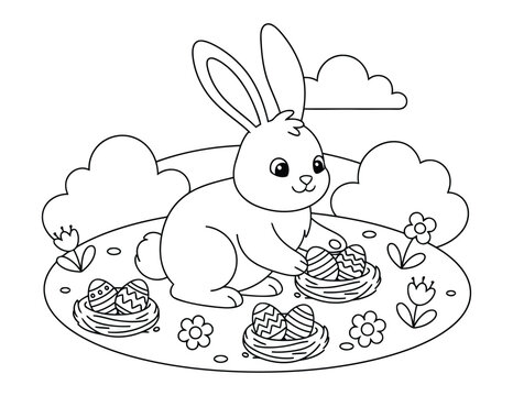 Easter coloring page shows a cute bunny arranging decorated eggs in small nests