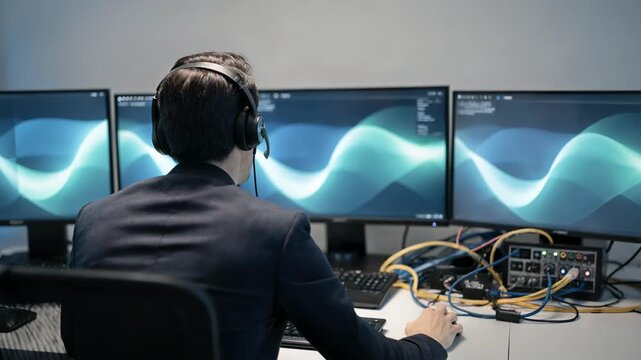 Operator verifying call quality on a headset while monitoring SIP trunk redundancy setup with softfocus cables and screens behind.
