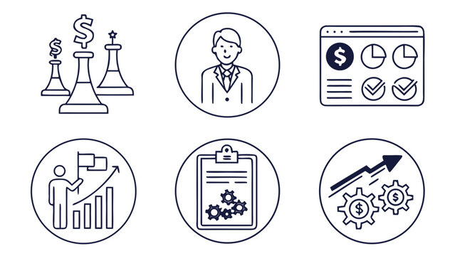 Set of business and finance line icons featuring strategy board professional worker data dashboard performance growth clipboard and economic gears