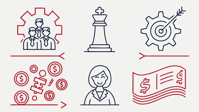 Professional management and financial icon set including team gears king chess piece target strategy woman worker and dollar currency bank notes
