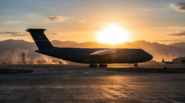 Military transport aircraft grounded at sunset airbase photography evening side profile view aviation operations