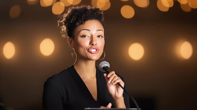 Close-up of a confident female speaker at a microphone on stage; warm bokeh lights create a friendly background; wearing a black top