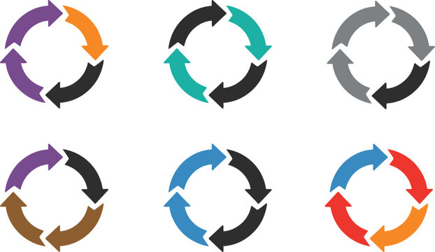 Vector circular arrow diagrams set with 4 step process cycles in multiple colors for business infographics and workflow management