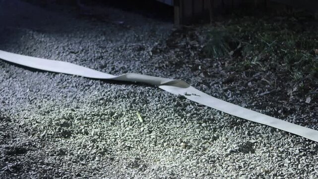 fire hose, twisted hose, gravel surface. Fire hose lies twisted on gravel surface at night, illuminated by emergency lighting during active firefighting response.
