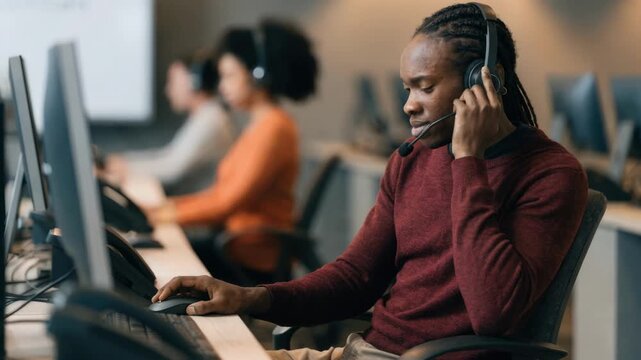 Medium shot of a reseller support agent interacting with a voice communication headset actively managing dispatch orders with blurred screens and coworkers behind.