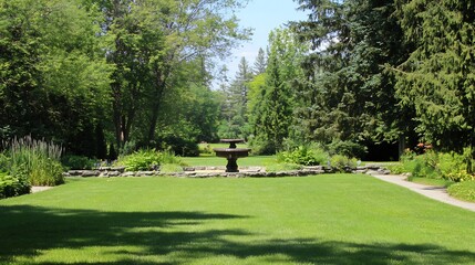 Obraz premium Tranquil lawn with freshly cut grass surrounded by low stone walls a garden fountain at its center and tall trees gently swaying in the breeze creating a calm elegant garden setting
