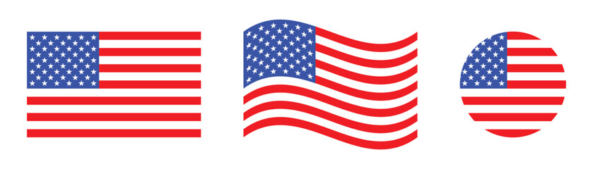 Fototapeta premium USA Flag Vector Icon Collection American National Flags in Flat, Waving, and Circle Shapes Isolated on White