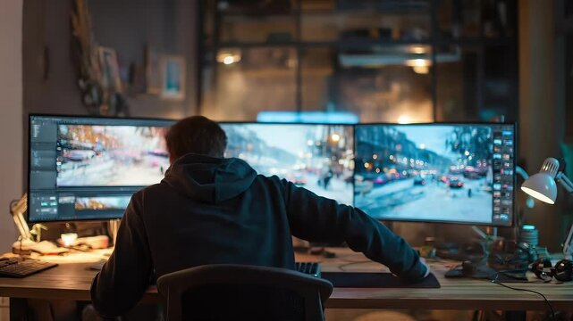 A person sits at a desk with a three-monitor editing setup; city footage on screens, warm desk lamp, cables and gear in a dim, creative studio