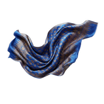 Flowing blue Thai silk with intricate gold patterns. Luxury textile isolated