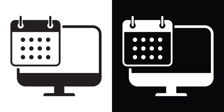 Vector icon of a laptop computer with a calendar symbol. Professional design for online booking, event scheduling, project deadlines, and digital time management concepts.