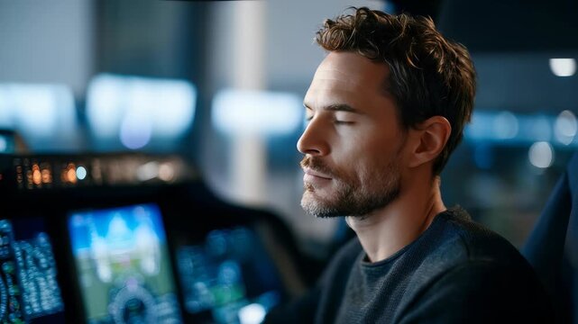 Focused young male pilot in modern cockpit, surrounded by illuminated digital flight instruments and advanced avionics. He is attentively monitoring controls, exuding professionalism and confidence