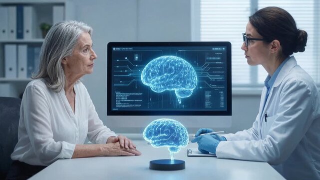 Female neurologist explaining brain scan results to senior patient. Advanced medical technology in modern clinic. Lockdown shot.