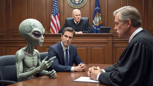 Extraterrestrial being testifying in courtroom during legal proceeding. Grey alien gesturing while sitting at defense table with lawyer before judges. Panning shot.