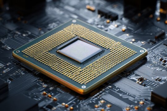 Closeup of a Computer Processor Chip on Circuit Board