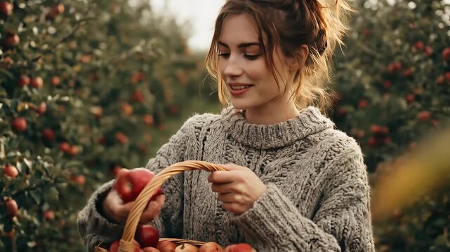 Close-up portrait of a smiling woman with red-brown hair in a chunky knit sweater, holding a red apple outdoors; warm golden-hour light and softly blurred background