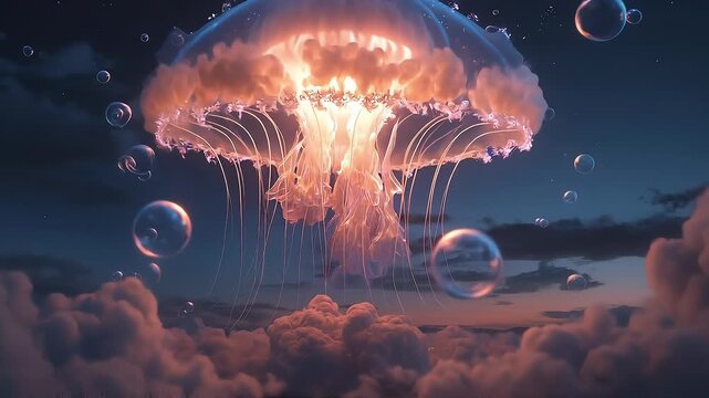 Surreal giant jellyfish glows in the night sky above a sea of clouds; warm orange light bathes its tentacles against a dusky horizon