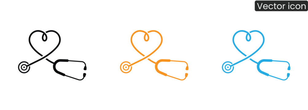 Vector icons of stethoscopes forming heart shapes in black, orange, and blue, symbolizing healthcare and love, on a clean white background.