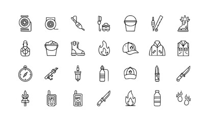 Minimal hunting and fishing outline icon set with 30 outdoor gear symbols in monoline style isolated on white © MdShakil