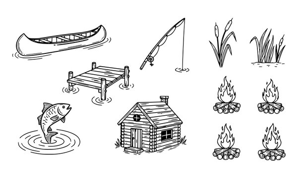 Lakeside camping doodle bundle with canoe dock fishing rod cabin and campfires in rustic navy sketch style isolated on white
