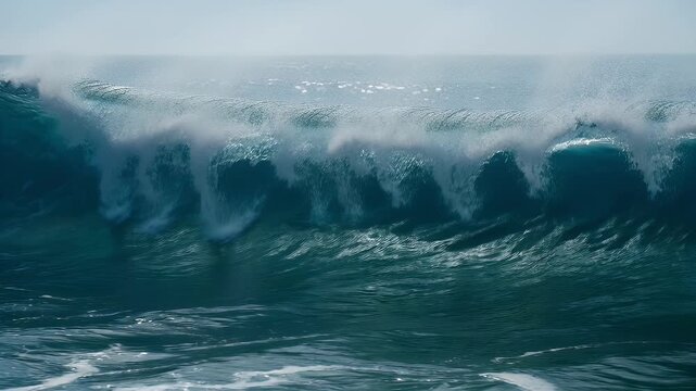 A massive deep blue ocean wave crests with white spray under a clear sky, sun glinting on water