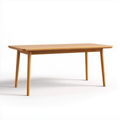 Fototapeta premium A modern wooden dining table with clean lines stands against a white background
