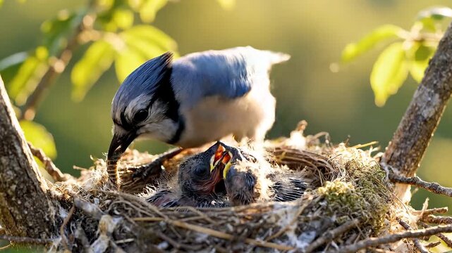 A blue jay bird feeding its hungry chicks in a nest built on a tree branch under warm sunlight.