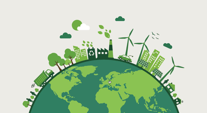 Green earth globe with eco-friendly infrastructure factories houses wind turbines solar panels electric vehicle and trees