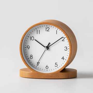 A round wooden alarm clock sits on a white surface with its hands pointing to just after ten o'clock