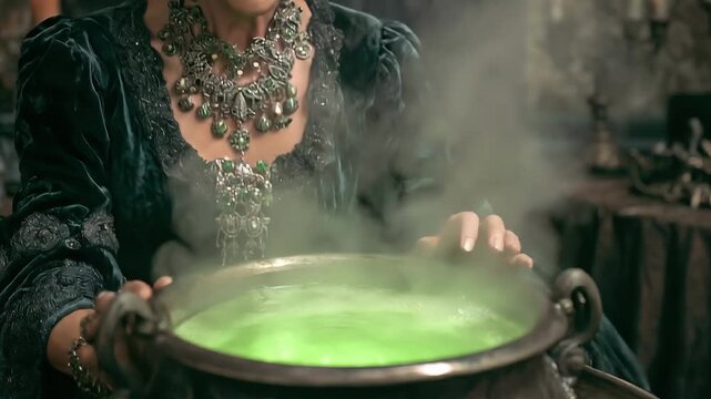 Close-up of a person in an ornate dark green gown and heavy jewelry, stirring a glowing green potion in a cauldron; steam rises, creating a magical, fantasy setting