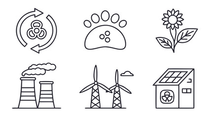 Set of environmental protection icons including recycling symbol wind turbine solar panel and factory pollution emitting smoke © mo