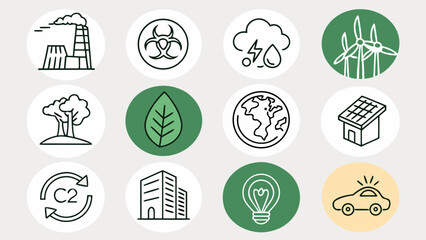 Fototapeta premium Set of environment and sustainability circles with icons of solar panels wind turbines light bulb leaf biohazard symbol and electric vehicle car