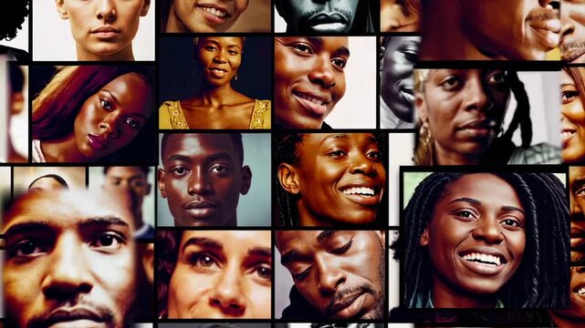 Multiple portraits of diverse people, showcasing a range of emotions and ethnicities, create a captivating collage celebrating diversity and inclusion