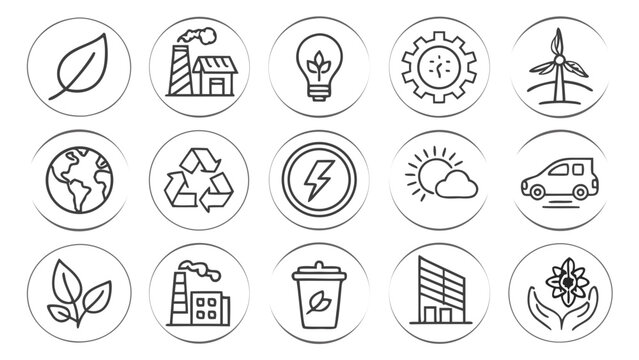 Set of environmental outline icons in circular frames representing ecology, renewable energy, recycling, and sustainable living concepts
